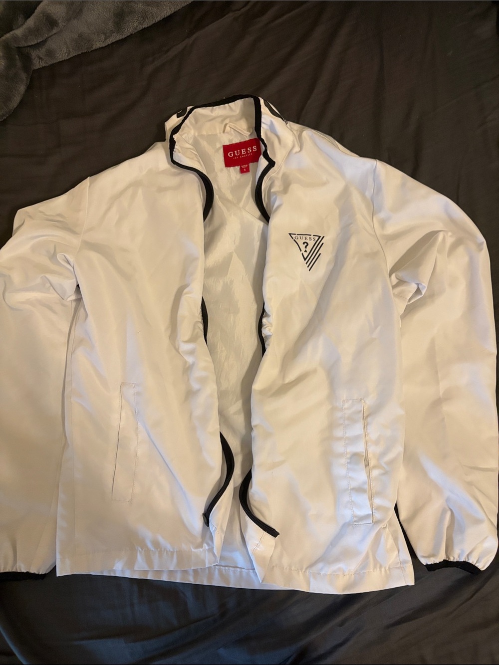 GUESS White Windbreaker Jacket with Black Trim